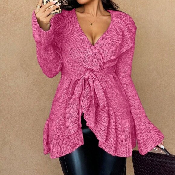 MODA ME COUTURE Sweaters - Pink Casual Women's Tie-Front Cardigan